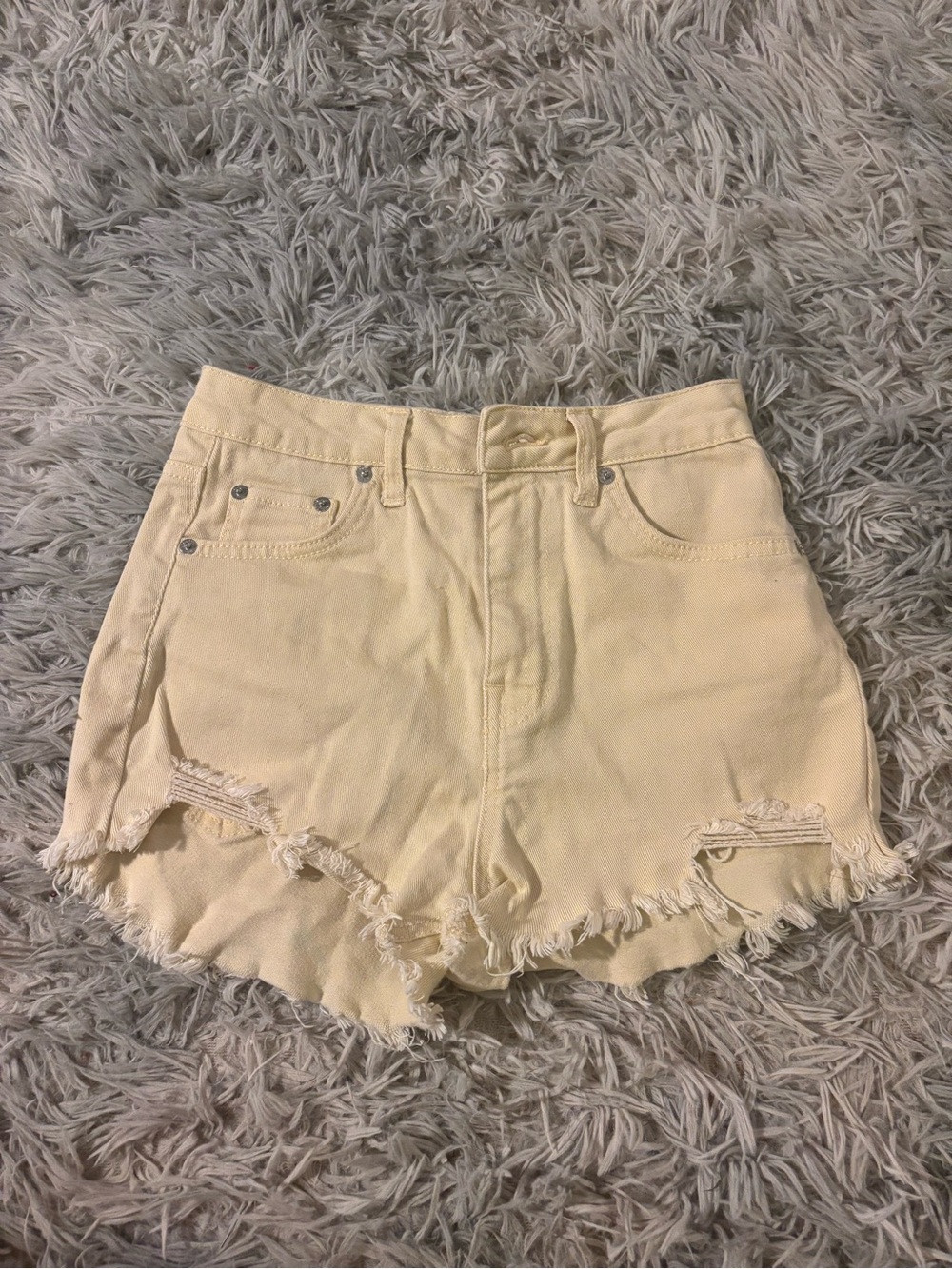 Women’s Distressed High-Waist Butter Yellow Denim Shorts